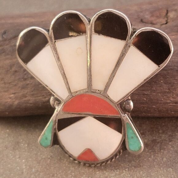 Vintage Sterling Zuni Sun Face Inlay Brooch Pin - Picture 4 of 9